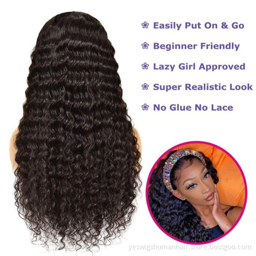 Supplier Virgin Brazilian Cuticle Aligned Deep Wave Headband Wig For Black Women Full Machine Made None Lace Human Hair Wigs